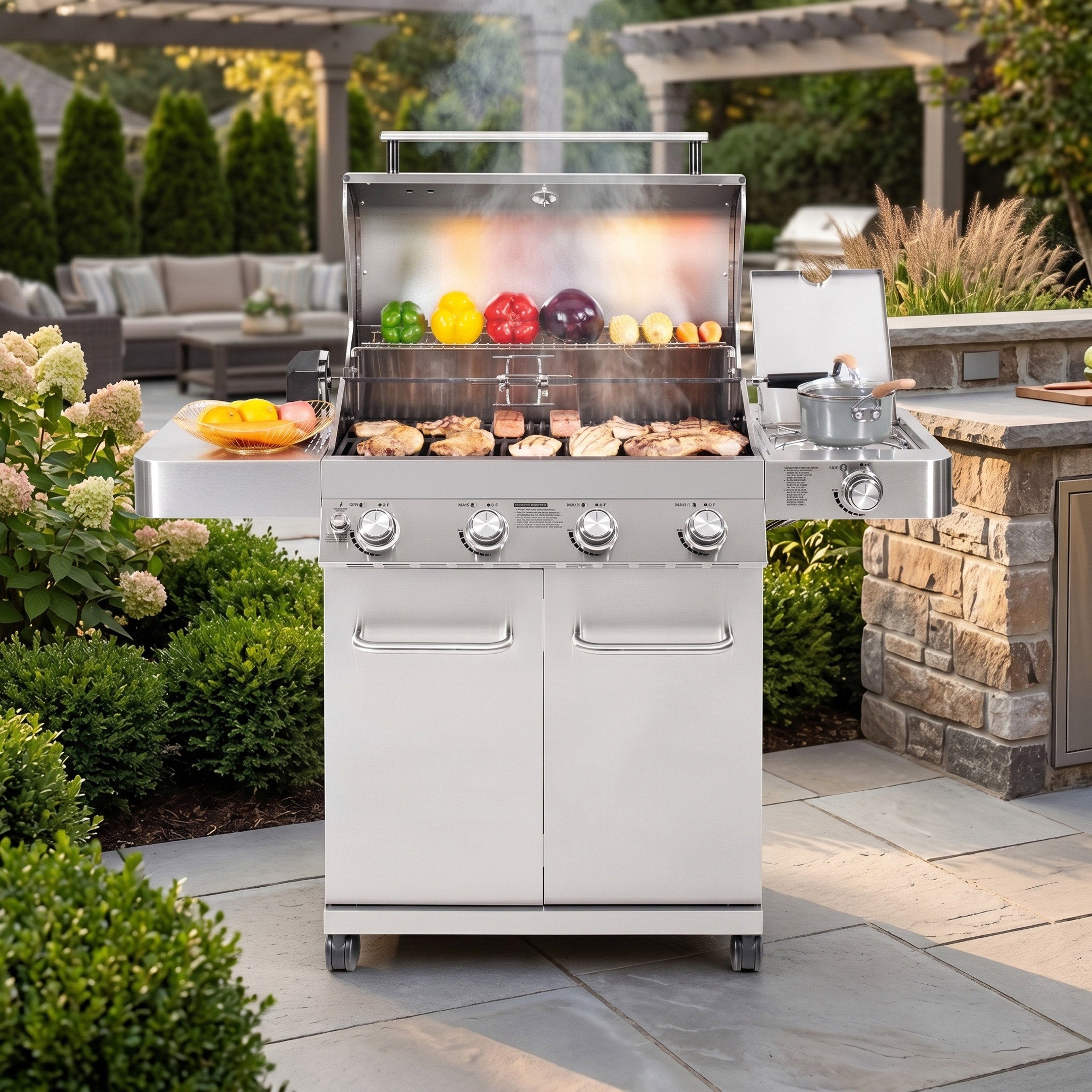 Monument Grills 17842 4-Burner Propane Gas Grill w/ Rotisserie Kit & Side Burner