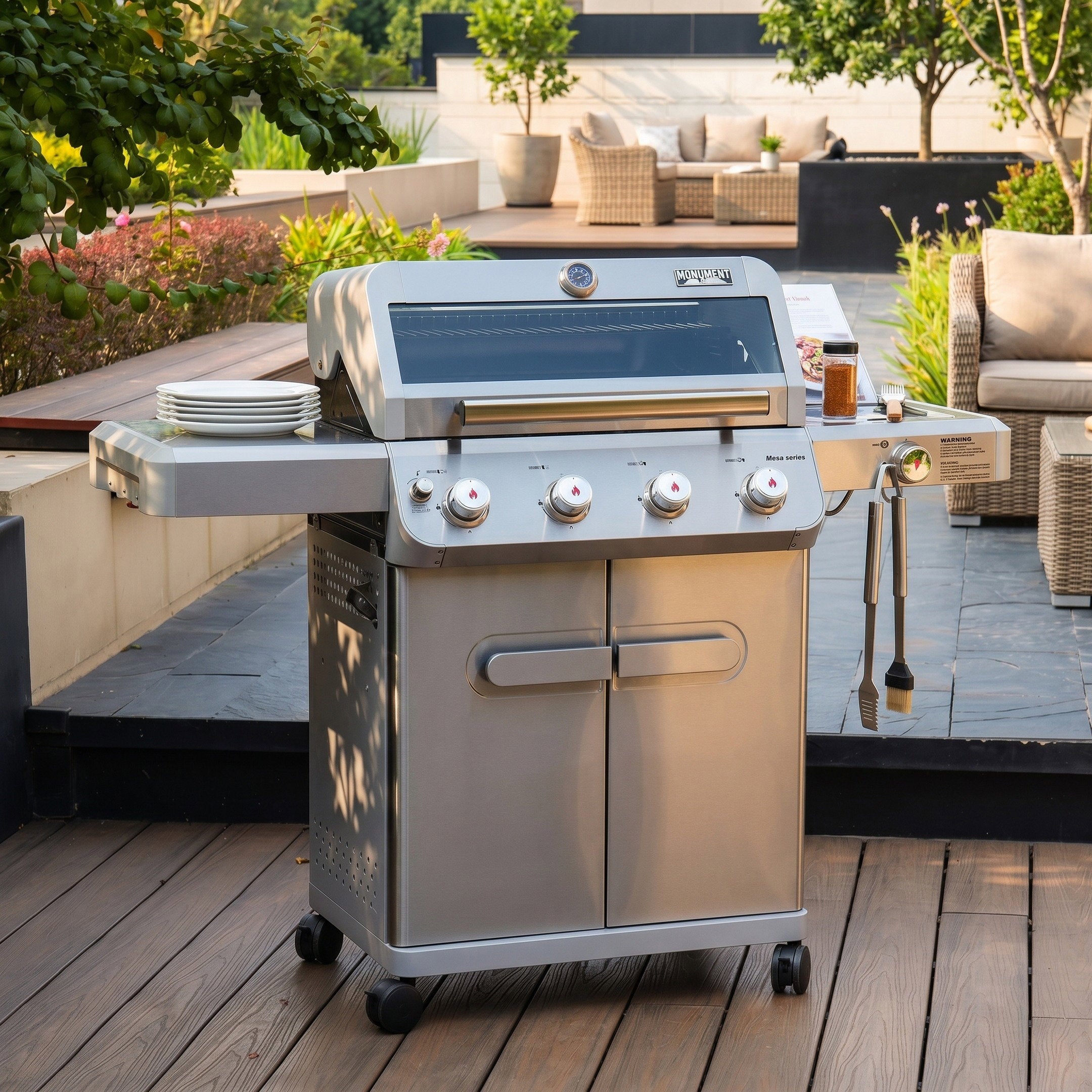 Monument Grills M405K Freestanding Gas BBQ Grill 4 Burners + Side Burner